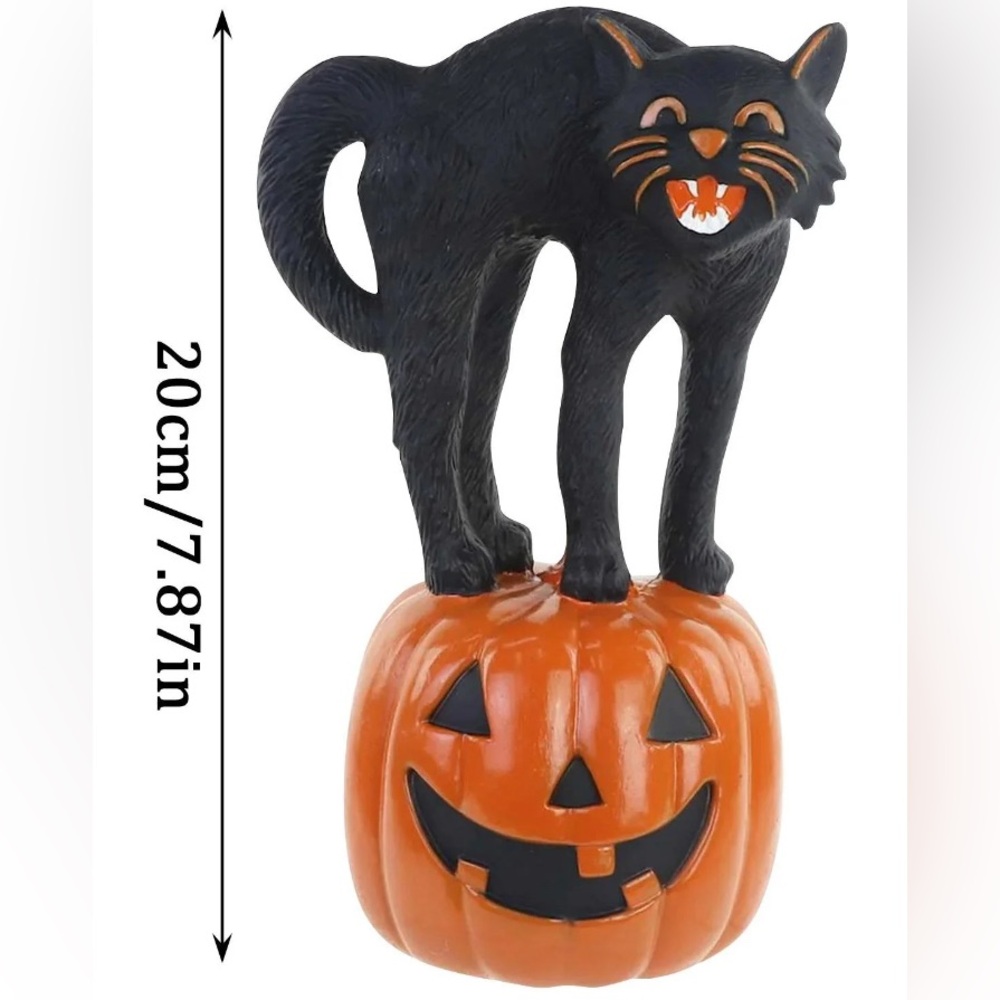 Haunted Halloween Scary Black Cat on Jack-O-Lantern Pumpkin Resin Figurine 8” - Picture 6 of 6